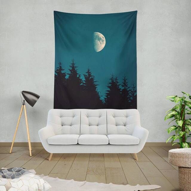 Moon Tapestry, Pine Forest, Wall Hanging, Wall Decor, Nature Tapestry, Wall Hanging, Night Sky, Wall Art, Phase Wall Tapestry - image 1