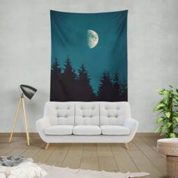 Moon Tapestry, Pine Forest, Wall Hanging, Wall Decor, Nature Tapestry, Wall Hanging, Night Sky, Wall Art, Phase Wall Tapestry - thumbnail 1