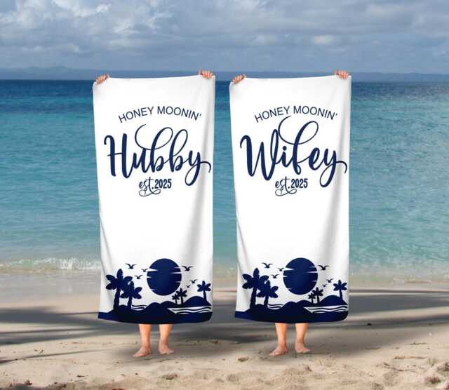 Honeymoon Wedding Beach Towels, Hubby, Wifey, Mr & Mrs, His & Hers, Newleywed Gift, Set Of Two, Anniversary Gift - image 1