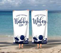 Honeymoon Wedding Beach Towels, Hubby, Wifey, Mr & Mrs, His & Hers, Newleywed Gift, Set Of Two, Anniversary Gift