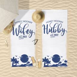 Honeymoon Wedding Beach Towels, Hubby, Wifey, Mr & Mrs, His & Hers, Newleywed Gift, Set Of Two, Anniversary Gift - thumbnail 2