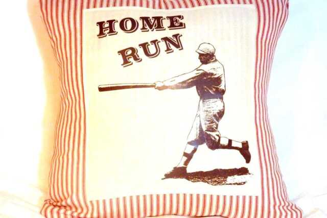 Vintage Baseball Pillow Cover Red French Ticking, 16x16 - image 1