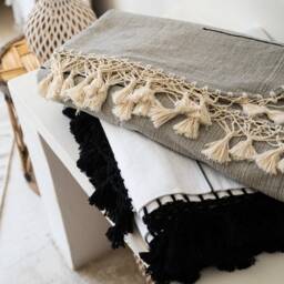 Handwoven Mexican Blanket Grey White Cotton Blanket, Boho Blanket, Moroccan Style Throw Bohemian Tassel Blanket - thumbnail 2