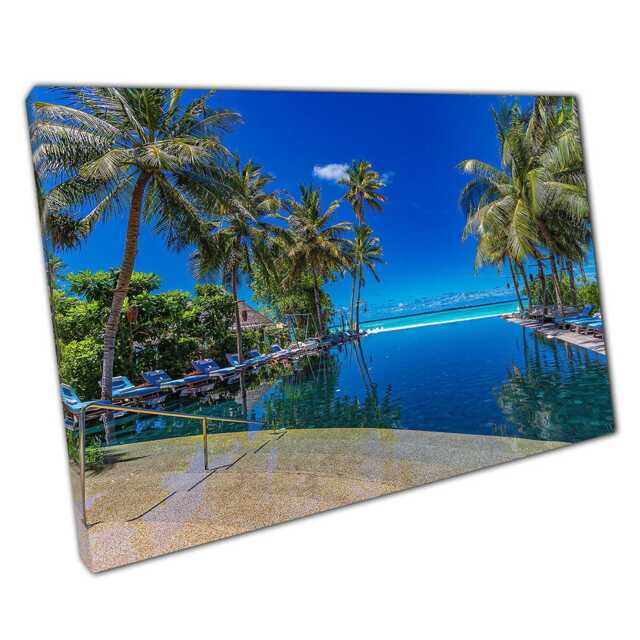 Tropical Infinity Pool Canvas Art Clear Blue Water Palm Trees Seascape Home Office Decor - image 1