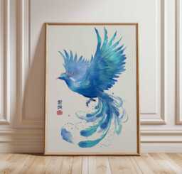 Blue Phoenix Watercolor Art Print - Mythical Bird Wall Decor, Asian-Inspired Painting, Elegant Creature Poster, Spiritual Animal Artwork - thumbnail 1