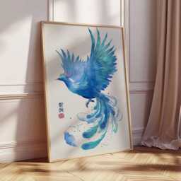 Blue Phoenix Watercolor Art Print - Mythical Bird Wall Decor, Asian-Inspired Painting, Elegant Creature Poster, Spiritual Animal Artwork - thumbnail 3