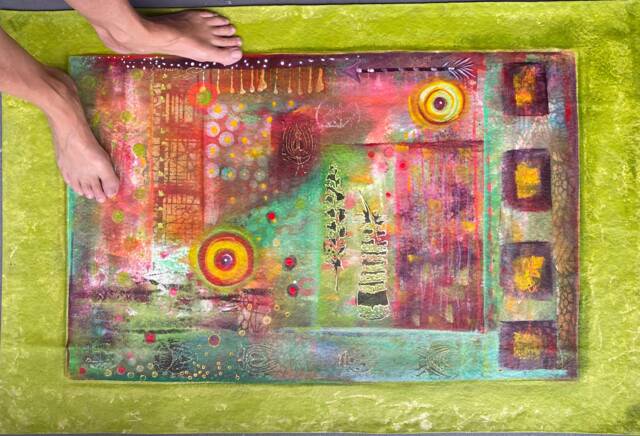 Hand-Painted Abstract Floorcloth Green, Pink Bohemian Home Decor - image 1