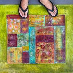 Hand-Painted Abstract Floorcloth Green, Pink Bohemian Home Decor - thumbnail 2