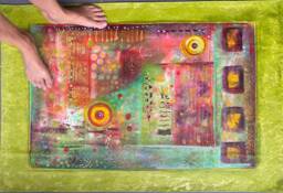 Hand-Painted Abstract Floorcloth Green, Pink Bohemian Home Decor - thumbnail 1