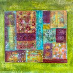 Hand-Painted Abstract Floorcloth Green, Pink Bohemian Home Decor - thumbnail 3