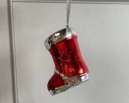 Pair Of Mini Hanging Santa Boots With Light Up Colour Changing Led. 8cm Ceramic Red For Festive Displays Or Christmas Tree Decorations