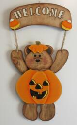 Welcome Bear, Pumpkin Suit, Door Hanger, Wall Decor, Teacher Gift, House Warming Gift - thumbnail 1