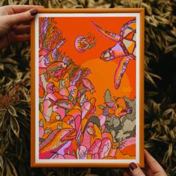 Coral Reef Art Print Colorful Turtle Drawing, Ocean Theme - thumbnail 3