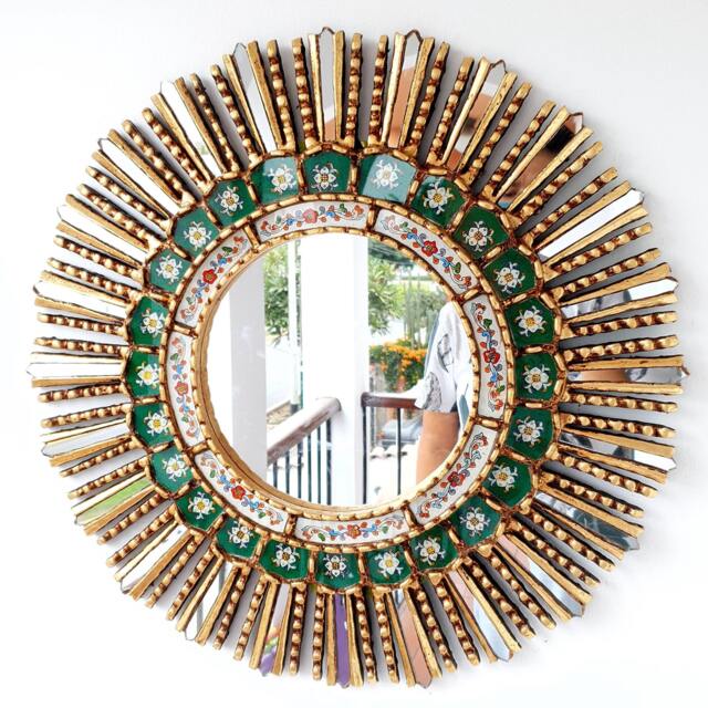Peruvian Green Sunburst Mirror 60 cm Handmade Wall Decor - Carved Wood Round Statement For Living Room Bathroom Entryway - image 1