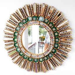 Peruvian Green Sunburst Mirror 60 cm Handmade Wall Decor - Carved Wood Round Statement For Living Room Bathroom Entryway