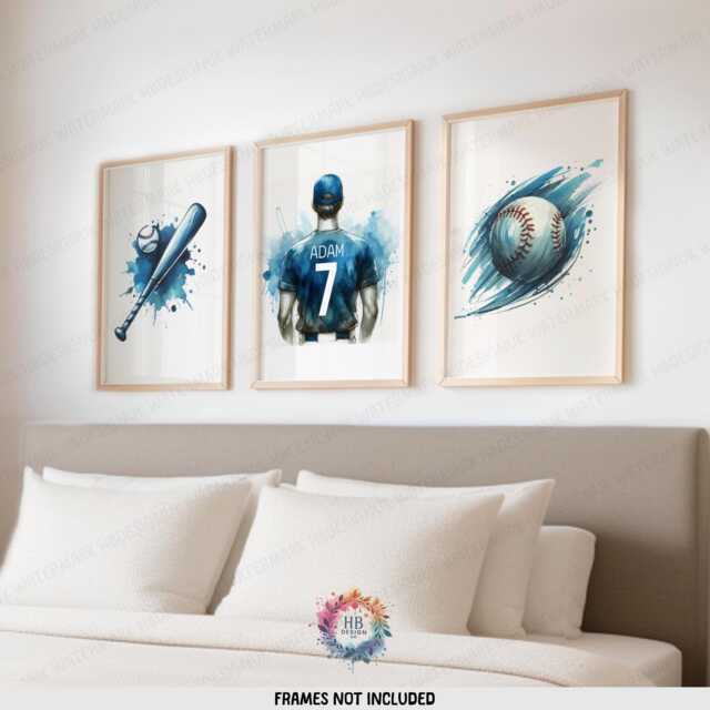 Personalized Baseball Posters - Set Of 3 Prints - Custom Boys Bedroom Decor Kids Wall Art Blue & White - image 1