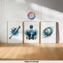 Personalized Baseball Posters - Set Of 3 Prints - Custom Boys Bedroom Decor Kids Wall Art Blue & White - thumbnail 2