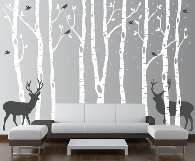 Birch Tree Wall Decal Forest With Snow Birds & Deer Vinyl Sticker Removable - 9 Trees 6 Feet Tall 1161 - image 1