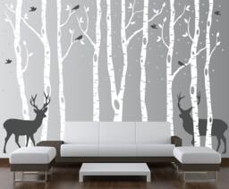 Birch Tree Wall Decal Forest With Snow Birds & Deer Vinyl Sticker Removable - 9 Trees 6 Feet Tall 1161 - thumbnail 1