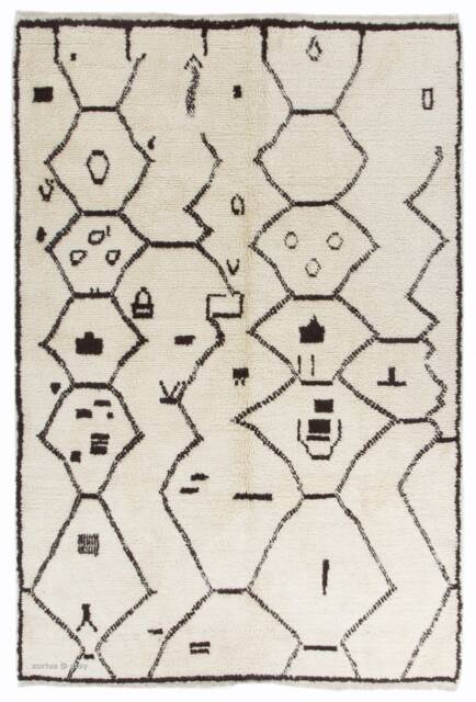 Hand Knotted Beni Ourain Rug White Wool Moroccan Rug With Brown Geometric Patterns - image 1