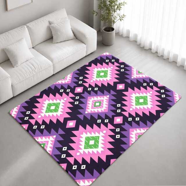 Pink Purple Green Geometric Tribal Rug Non-Slip Soft Area Carpet Bedroom Living Room Hallway Mat Decor - Made in UK - image 1