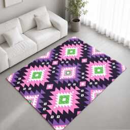 Pink Purple Green Geometric Tribal Rug Non-Slip Soft Area Carpet Bedroom Living Room Hallway Mat Decor - Made in UK - thumbnail 1