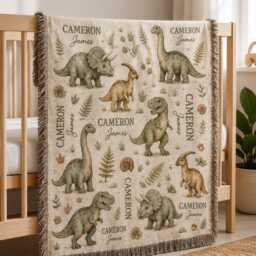 Personalized Dinosaur Woven Blanket, Custom Name Baby Nursery Decor, Dino Gift, Prehistoric Throw - thumbnail 2