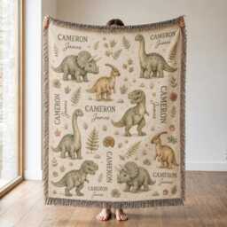 Personalized Dinosaur Woven Blanket, Custom Name Baby Nursery Decor, Dino Gift, Prehistoric Throw - thumbnail 3