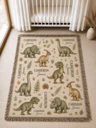 Personalized Dinosaur Woven Blanket, Custom Name Baby Nursery Decor, Dino Gift, Prehistoric Throw - thumbnail 1