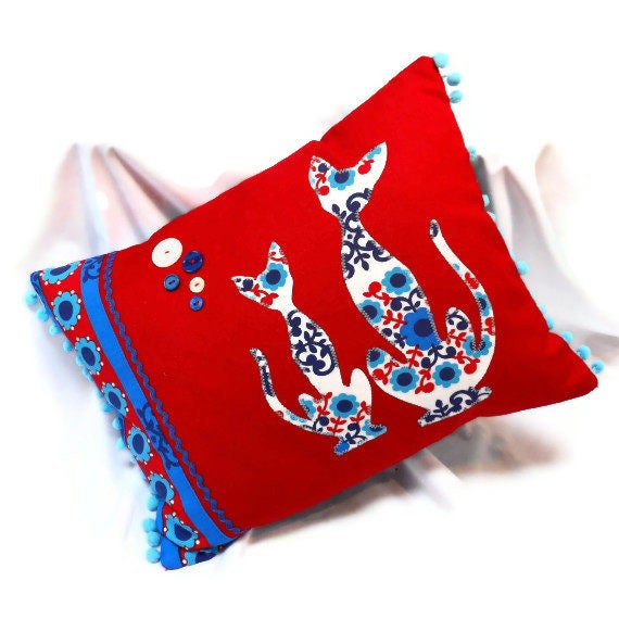 Retro Nordic Cat Cushion, Red & Blue Scandi Vintage Fabric - image 1