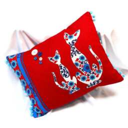 Retro Nordic Cat Cushion, Red & Blue Scandi Vintage Fabric - thumbnail 1