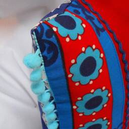 Retro Nordic Cat Cushion, Red & Blue Scandi Vintage Fabric - thumbnail 3