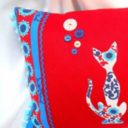 Retro Nordic Cat Cushion, Red & Blue Scandi Vintage Fabric - thumbnail 2