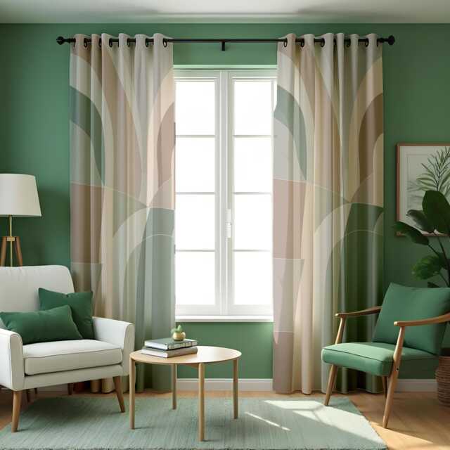 Neutral Modern Curtains, Beige Sage Window Drapes, Arched Geometric Design Minimalist Custom Heading Panels For Living Room Or Bedroom - image 1