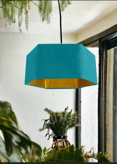 New Luxury Premium Quality Aqua Teal Blue Hexagon Velvet Lamp Shade Pendant Light With Metallic Lining - image 1