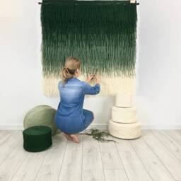 Large Green Wool Tapestry Wall Hanging - Modern Macrame Boho Art Handwoven Textile Decor With Fringe Natural Gradient - thumbnail 2