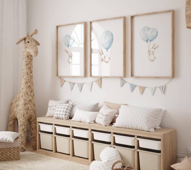 Set Of 3 Bunny Art Prints For Nursery, Rabbit Pictures Babies Bedroom, Pink, Blue Kids Room Decor, Gender Neutral Playroom - image 1