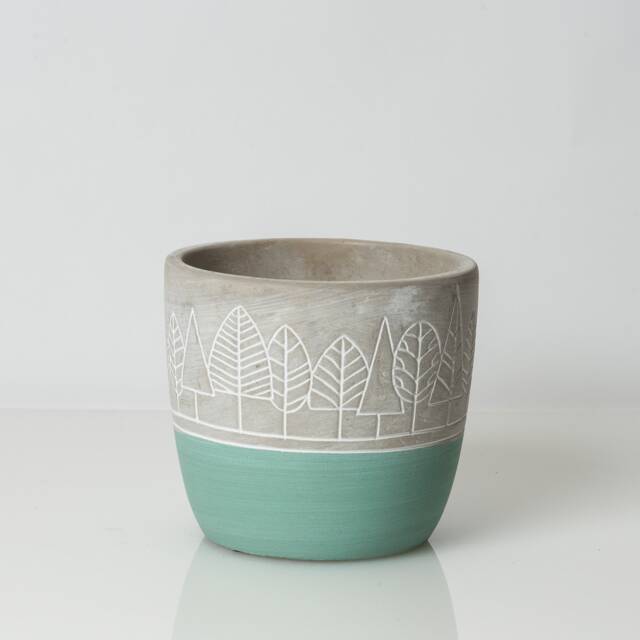 5 Inch Teal Forrest Pot, Tree Cache Etched Planter, Decorated Woodland Pot - image 1