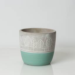 5 Inch Teal Forrest Pot, Tree Cache Etched Planter, Decorated Woodland Pot - thumbnail 1