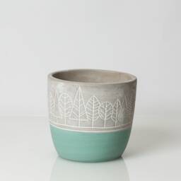 5 Inch Teal Forrest Pot, Tree Cache Etched Planter, Decorated Woodland Pot - thumbnail 2