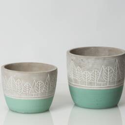 5 Inch Teal Forrest Pot, Tree Cache Etched Planter, Decorated Woodland Pot - thumbnail 4