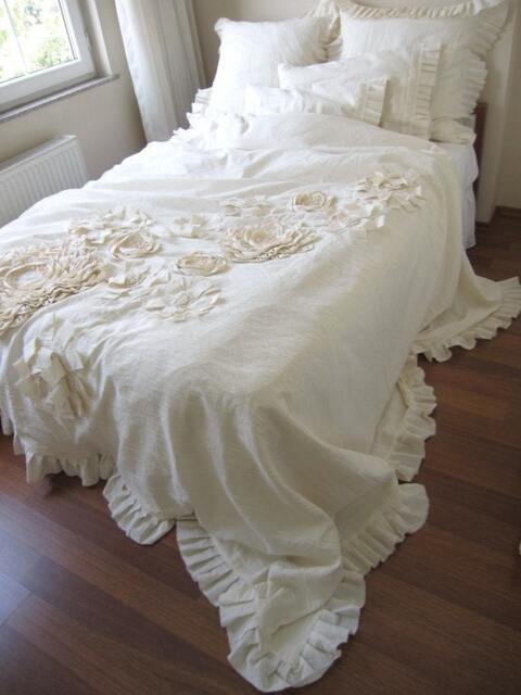 Handmade Linen Duvet Cover, Dahlia Flower Applique, Shabby Chic Bedding - image 1
