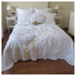 Handmade Linen Duvet Cover, Dahlia Flower Applique, Shabby Chic Bedding - thumbnail 2