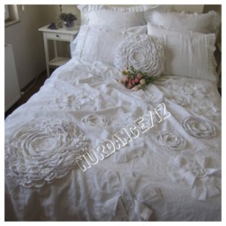 Handmade Linen Duvet Cover, Dahlia Flower Applique, Shabby Chic Bedding - thumbnail 3