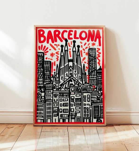 Barcelona Poster, Modern Pop Art Print, City Wall Art, Bold Red Typography Artwork, Sagrada Familia Illustration, Urban Travel Home Decor - image 1