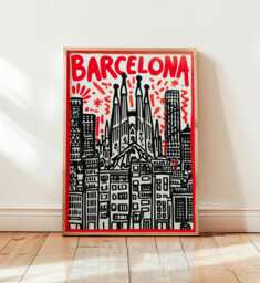 Barcelona Poster, Modern Pop Art Print, City Wall Art, Bold Red Typography Artwork, Sagrada Familia Illustration, Urban Travel Home Decor - thumbnail 1