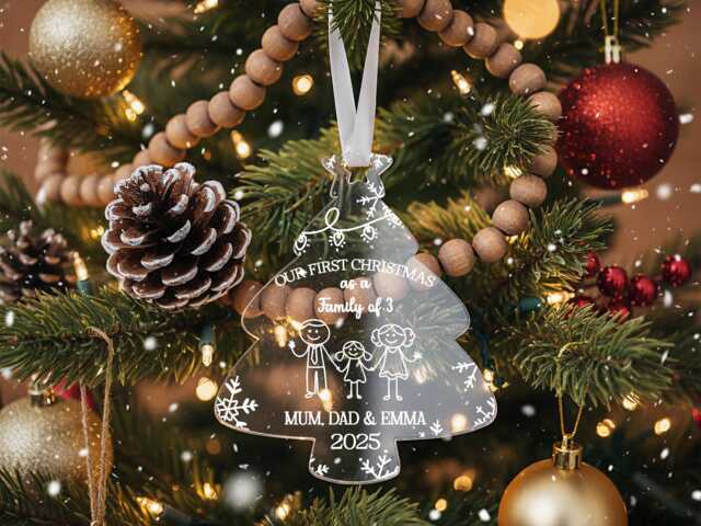 Our First Christmas As A Family Ornament - Personalised Clear Acrylic Tree Decoration With Names & Year 2025, Keepsake Gift - image 1