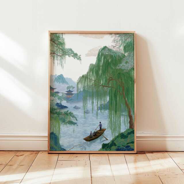 Chinese Landscape Wall Art, Willow River Boat Poster, Oriental Nature Print, Traditional Mountain Scene, Unframed Zen Decor - image 1