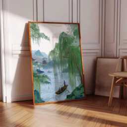 Chinese Landscape Wall Art, Willow River Boat Poster, Oriental Nature Print, Traditional Mountain Scene, Unframed Zen Decor - thumbnail 3