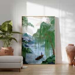 Chinese Landscape Wall Art, Willow River Boat Poster, Oriental Nature Print, Traditional Mountain Scene, Unframed Zen Decor - thumbnail 2
